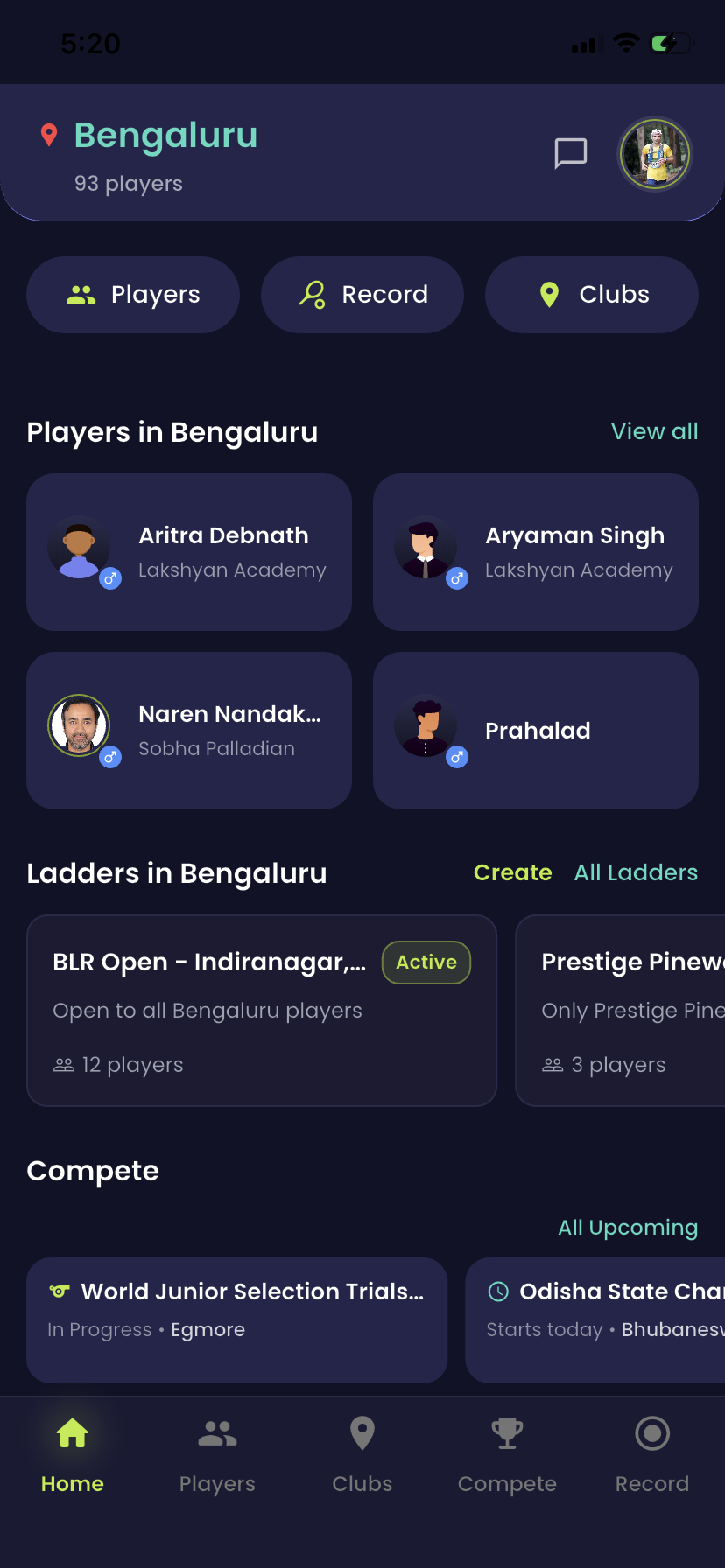 OnOn app home screen showing local players, ladders, and competitions