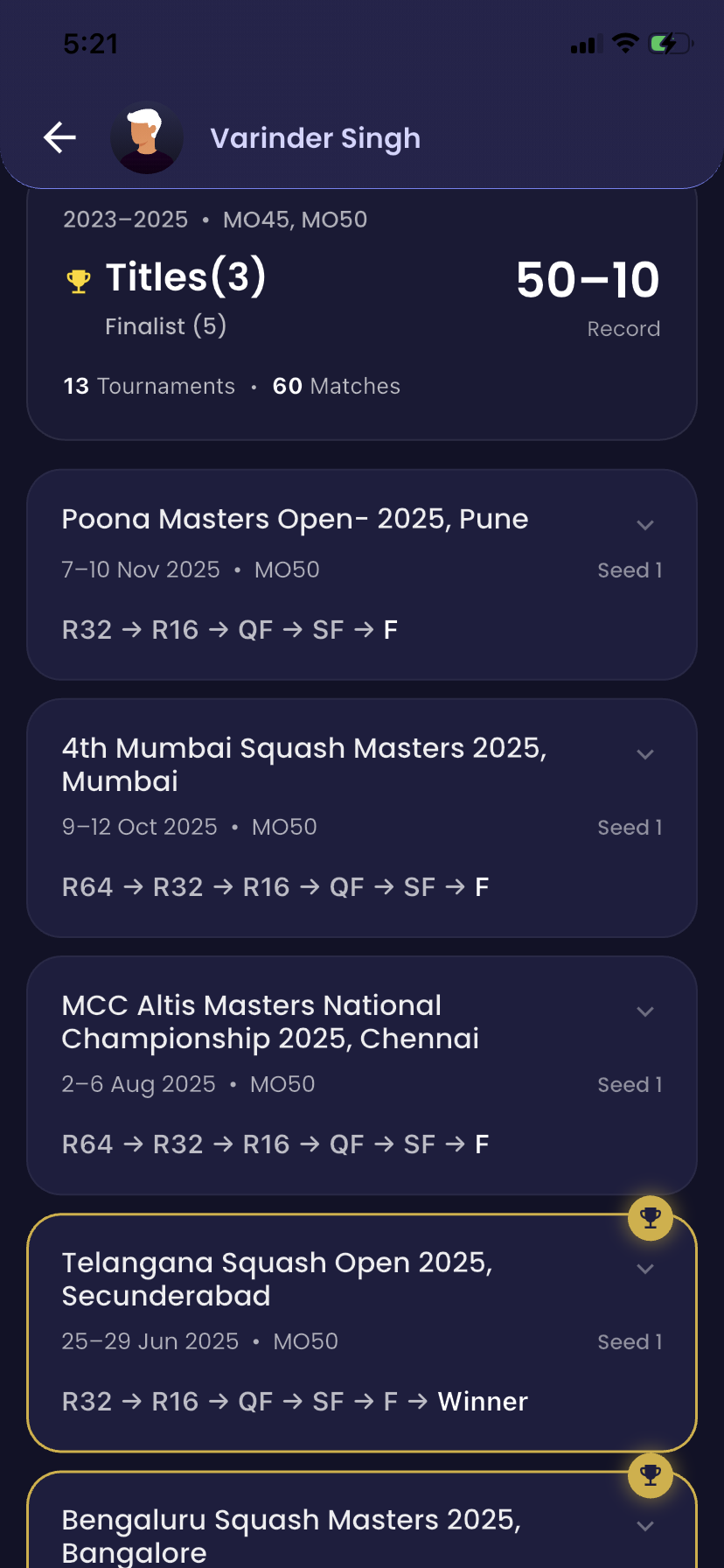 OnOn app record screen showing tournament history and player results