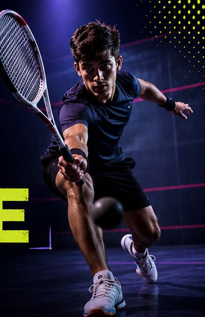 Squash player lunging for a shot